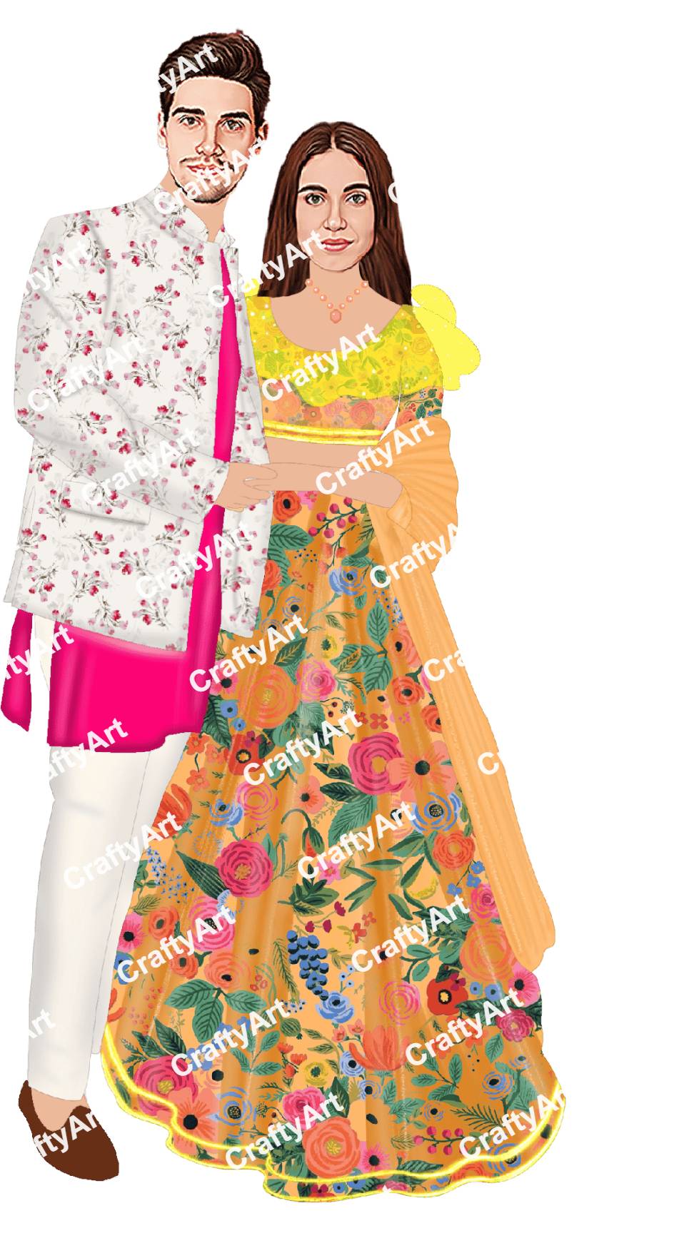 Haldi Couple Caricature with Stylish Floral Couple Look