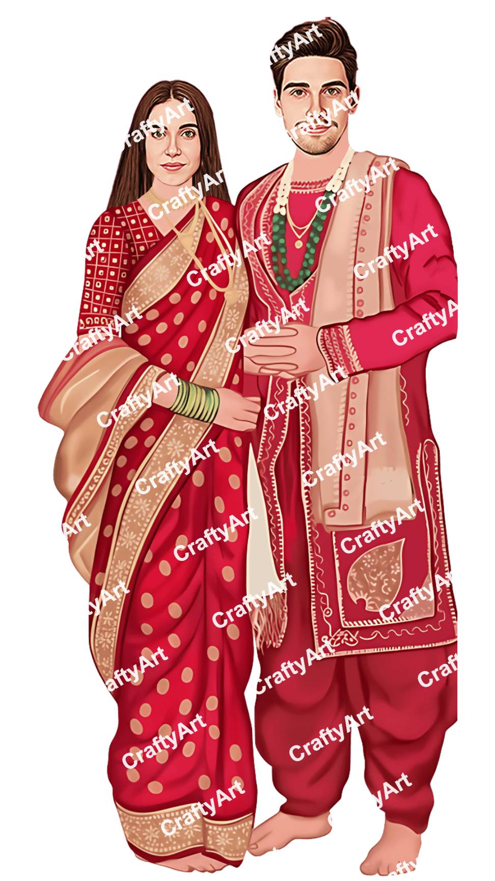 Royal Marathi Wedding Couple Caricature with Cultural Outfit