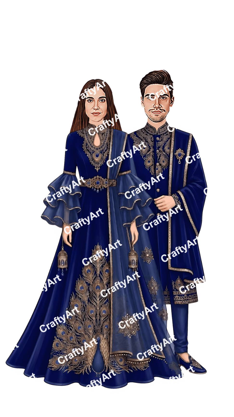 Wedding Couple Caricature Illustration with Peacock Art