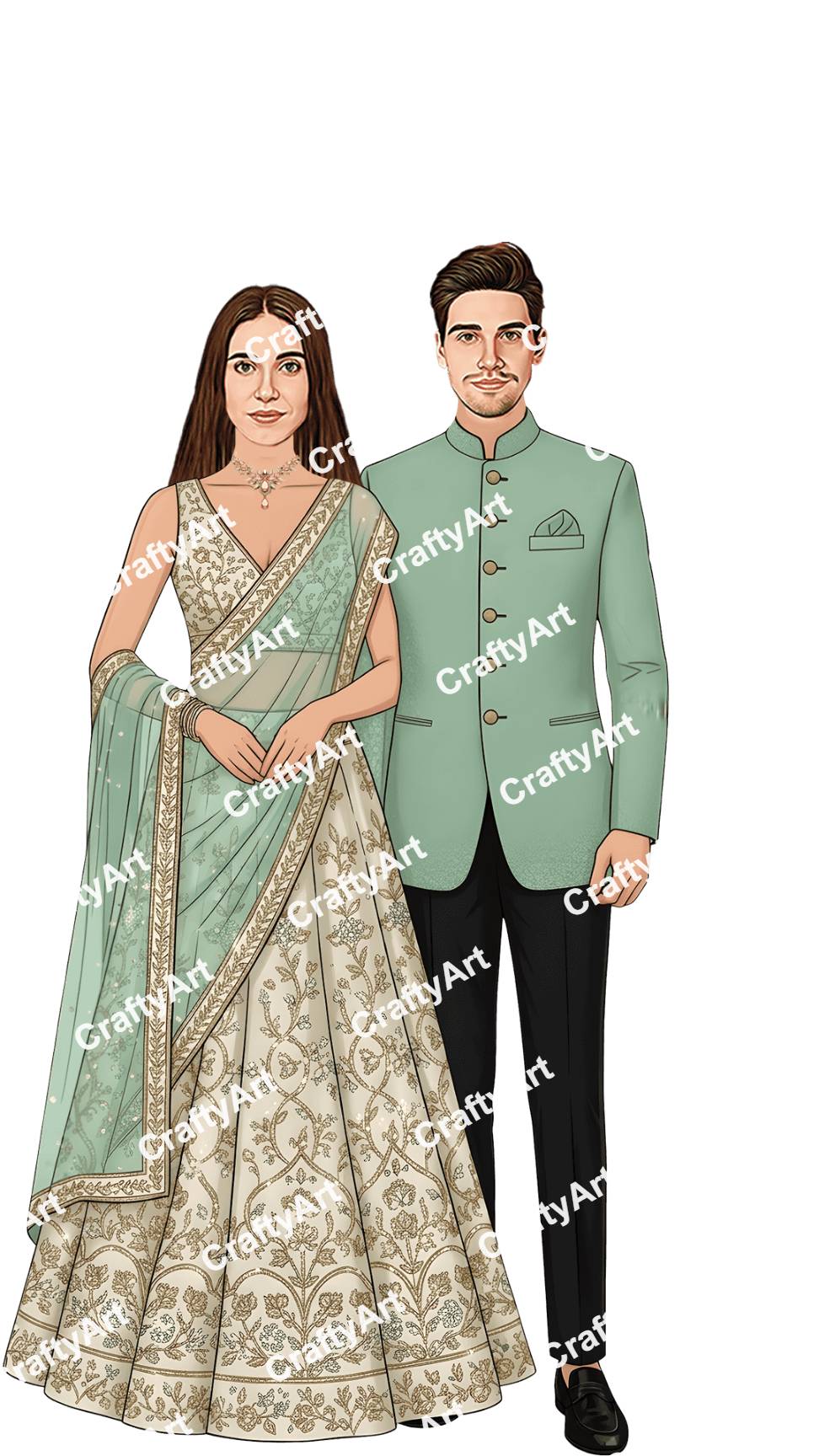 Engagement Couple Illustration with Soft Green Theme Look