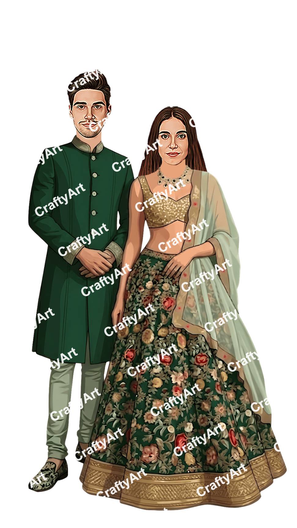 Sangeet Couple Caricature with Royal Wedding Elegance Art