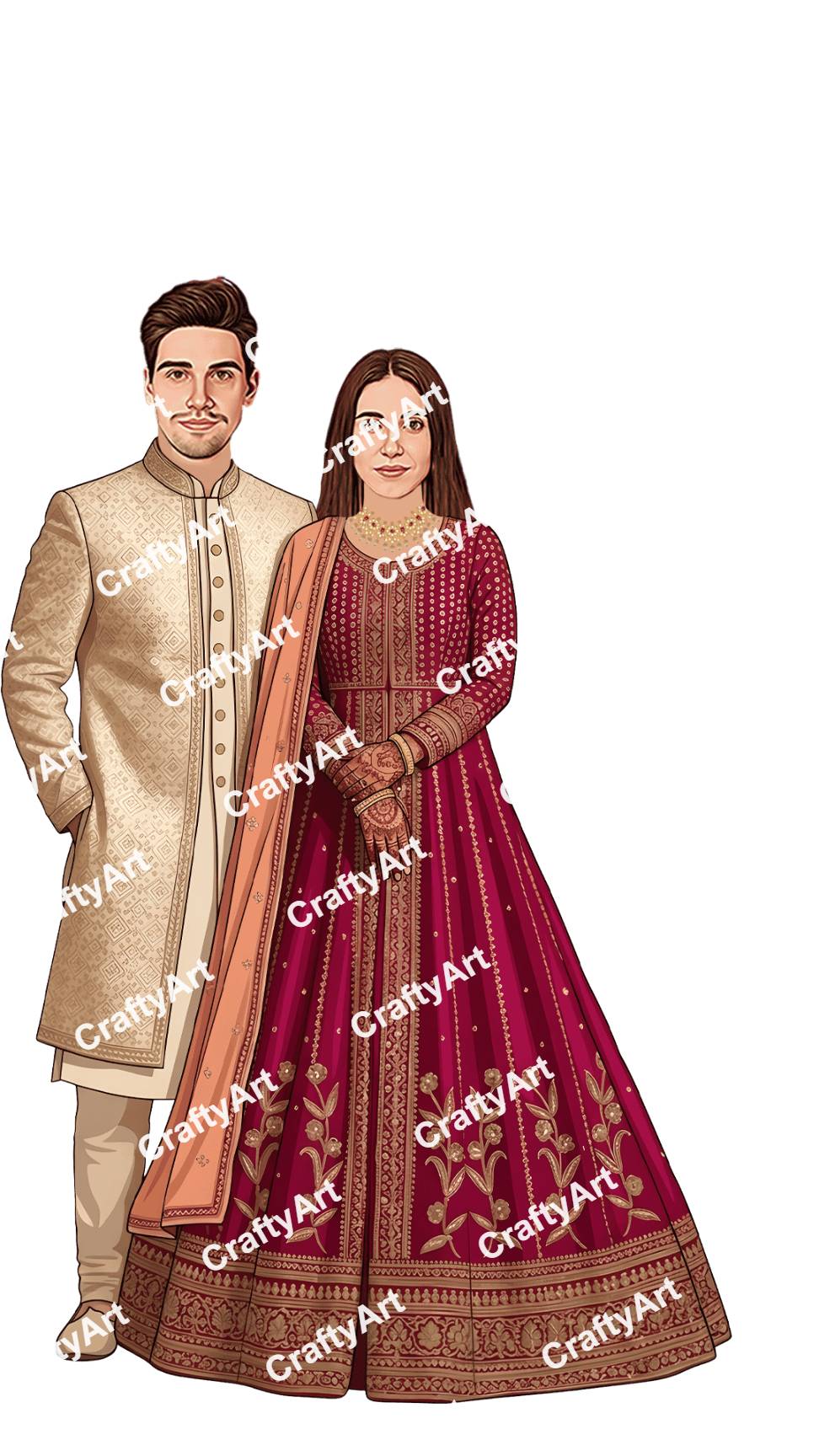 Custom Wedding Caricature with Elegant Bridal Outfit Theme
