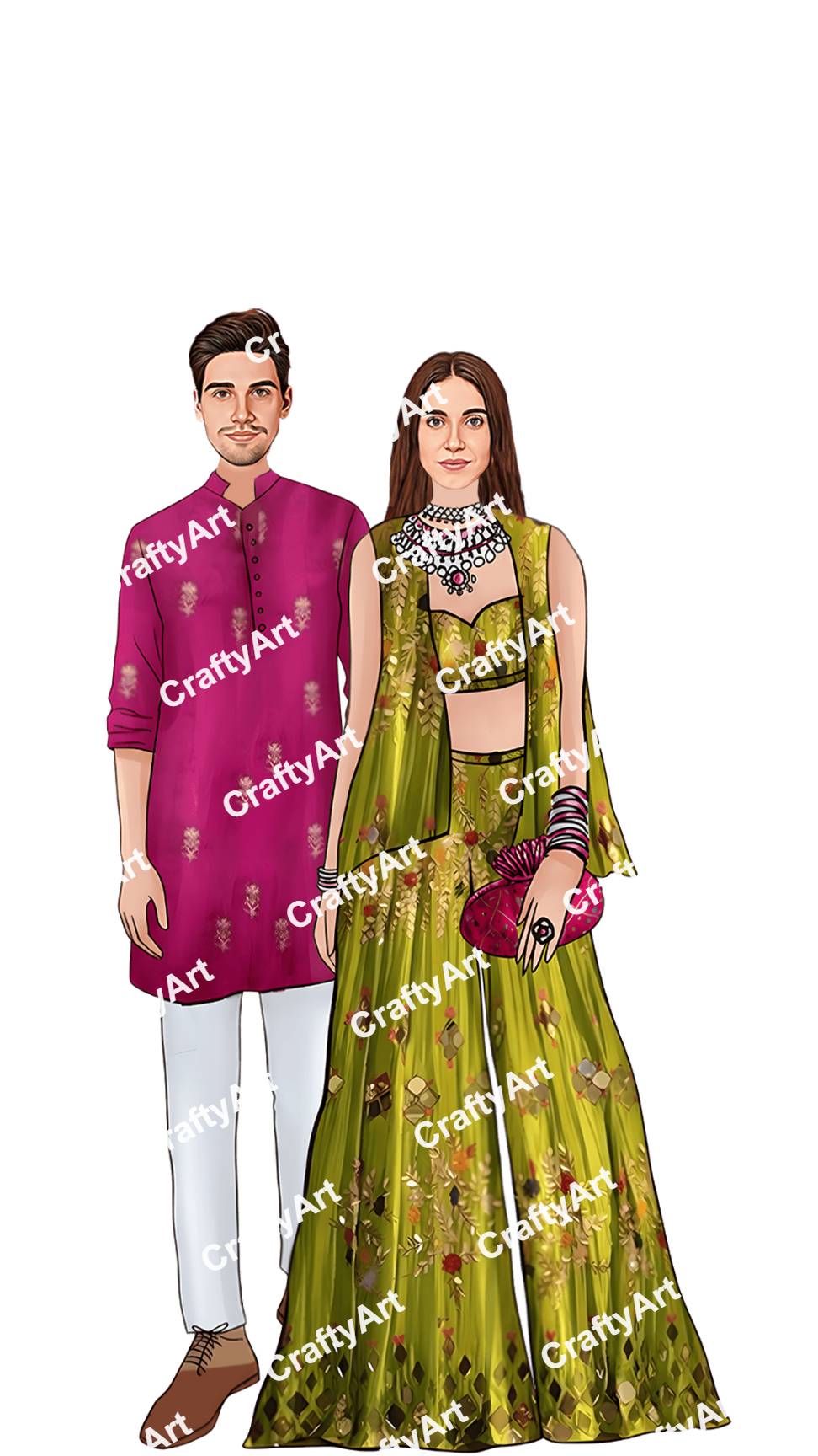 Vibrant Green and Pink Theme Mehendi Caricature PNG