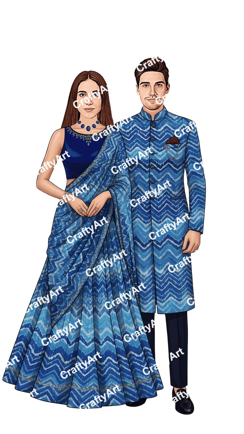 Elegant Sangeet Ceremony Caricature in Blue Outfit