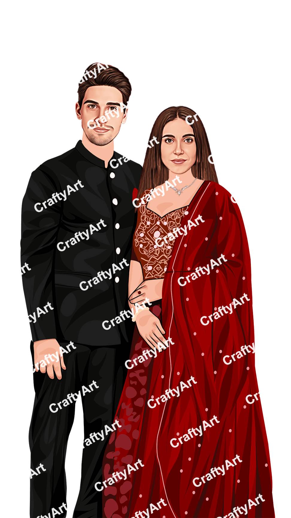 Red Black Dress Caricature For Engagement Ceremony