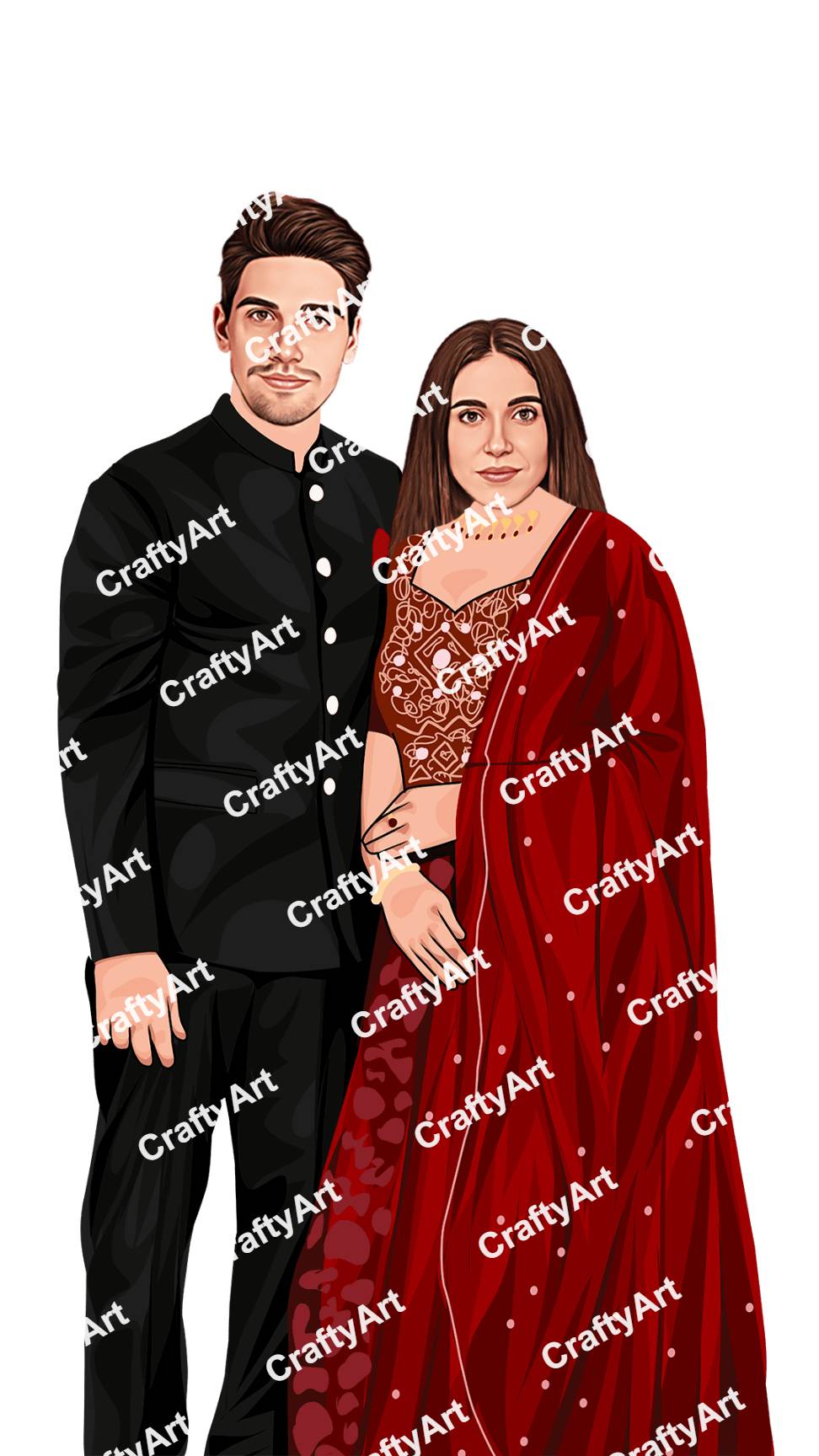Red Black Dress Caricature For Engagement Ceremony