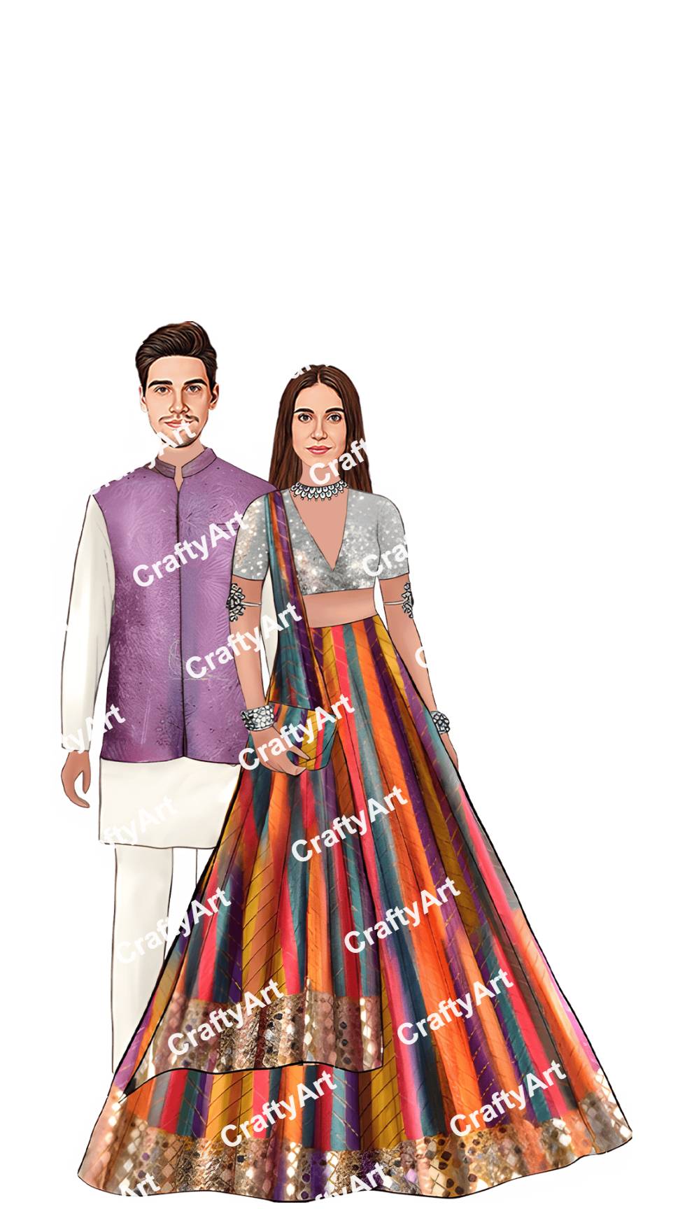 Sangeet Outfit Caricature in Colorful Modern Indian Fashion