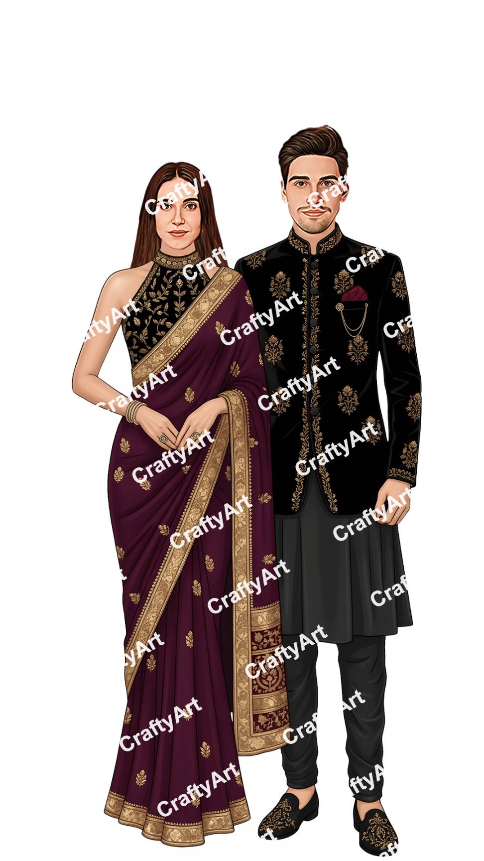 Indian Wedding Couple Caricature Illustration in Royal Look