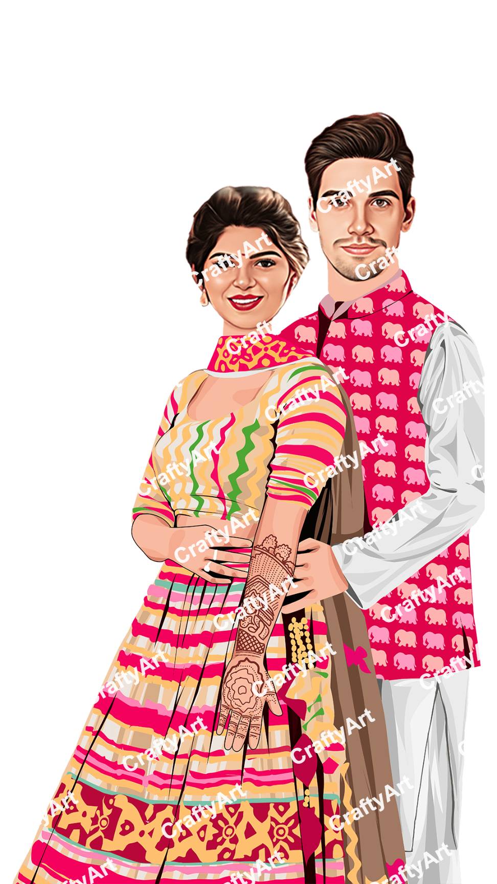 Caricature of Couple in Mehndi Outfits for Mehndi Ceremony