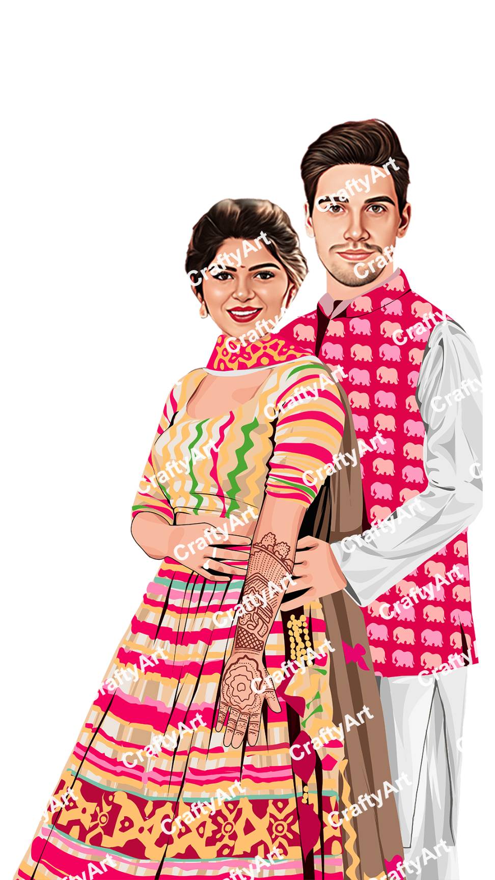 Caricature of Couple in Mehndi Outfits for Mehndi Ceremony