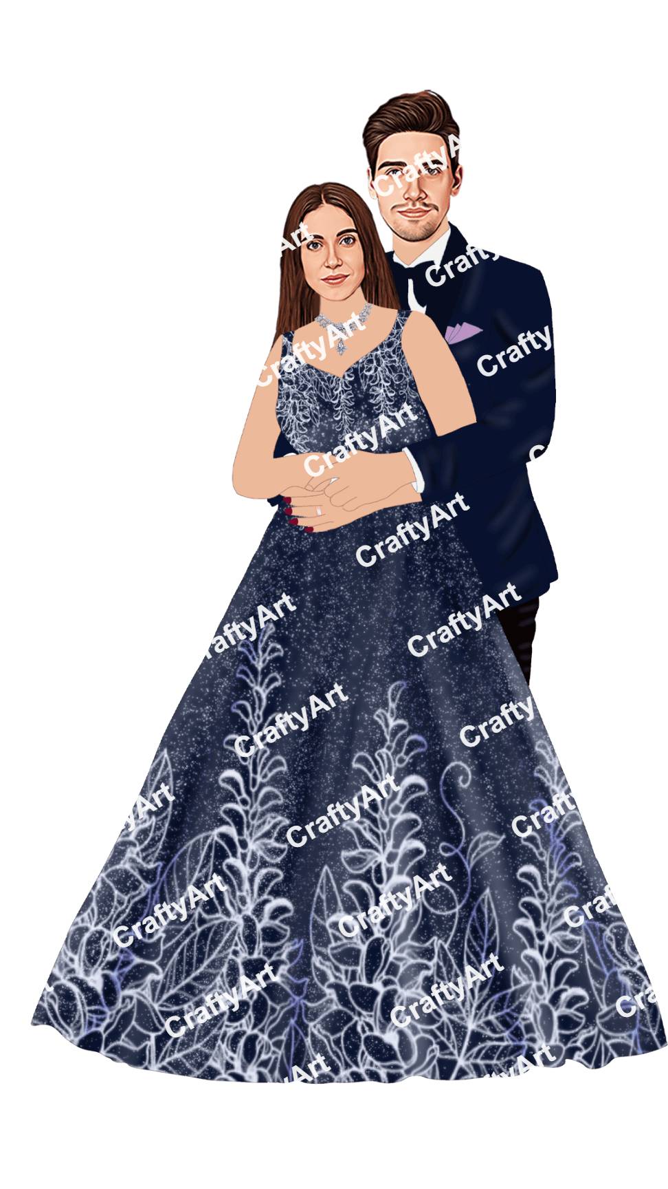 Engagement Couple Caricature with Navy Blue Royal Style