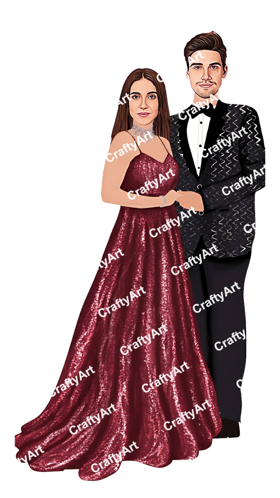 Stylish Party Couple Caricature with Glamorous Outfits