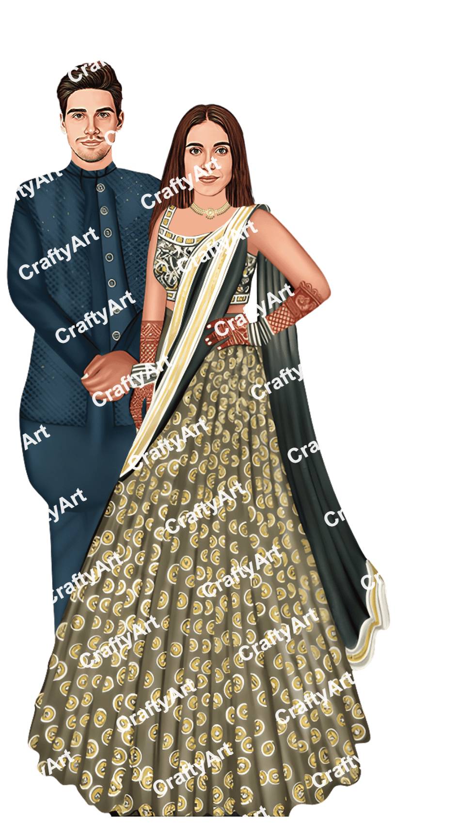 Mehendi Couple Caricature with Elegant Green and Gold Style