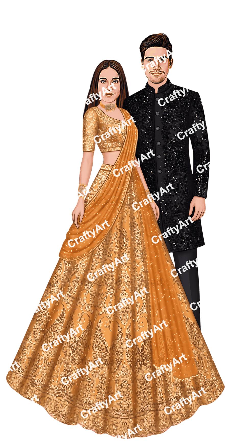 Sangeet Caricature of Stylish Couple in Ethnic Attire
