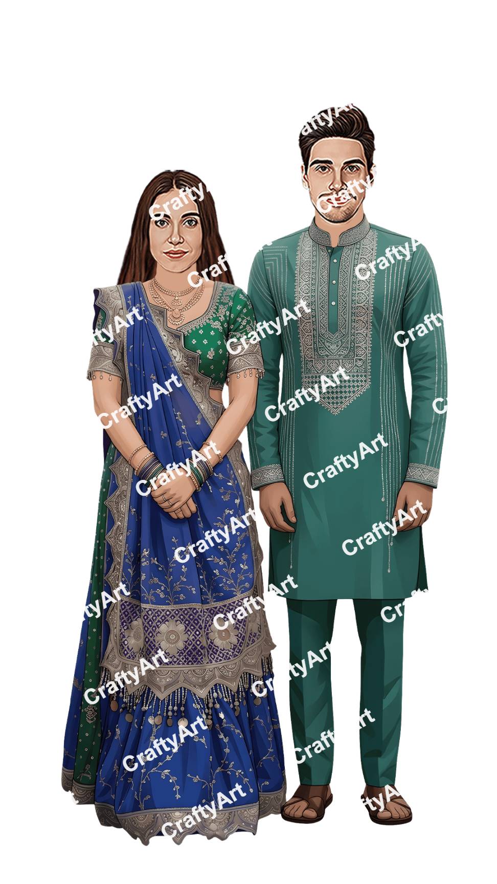 Wedding Couple Caricature with Elegant Ethnic Charm
