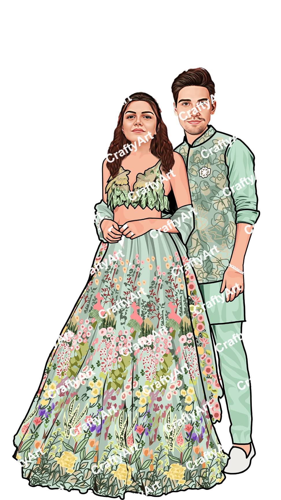 Trendy Floral Caricature Couple Personalize Sangeet Template