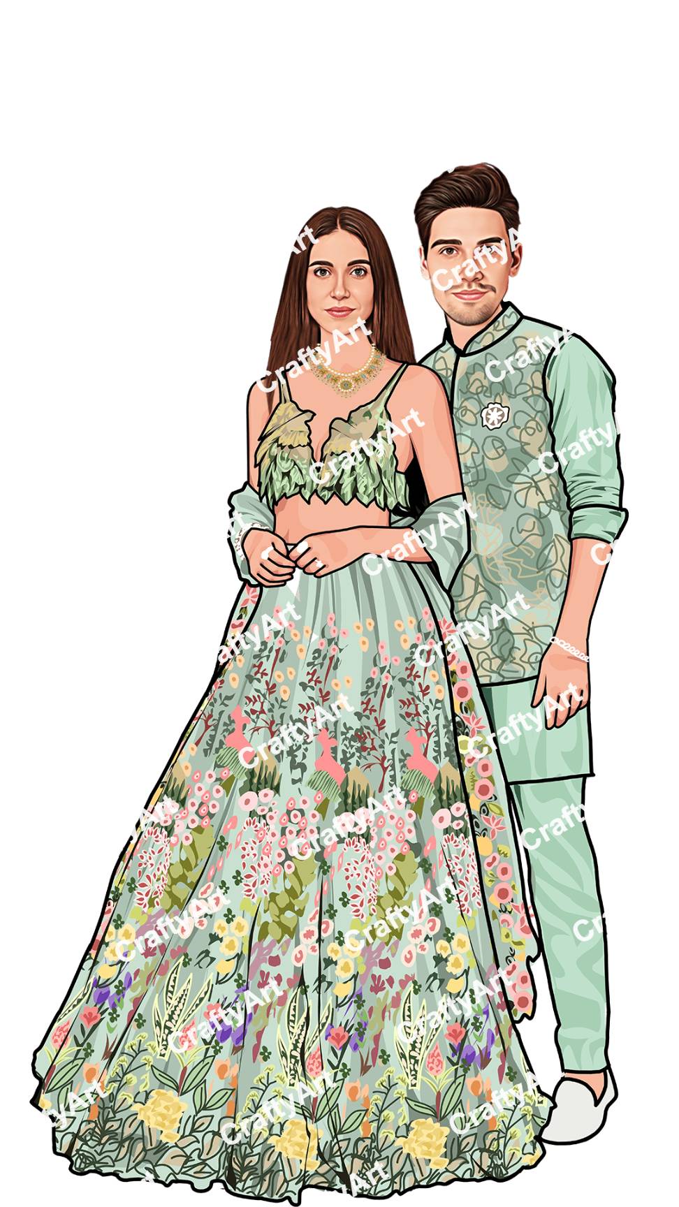 Trendy Floral Caricature Couple Personalize Sangeet Template