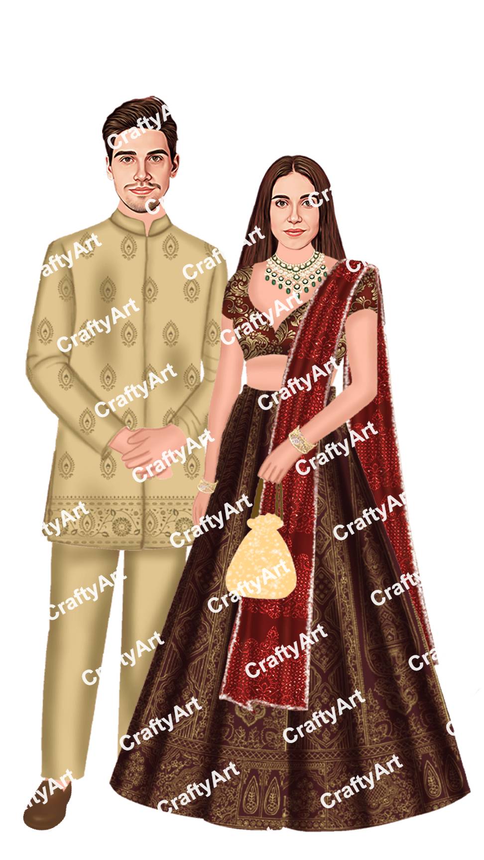 Elegant Couple Engagement Caricature with Gold Outfit
