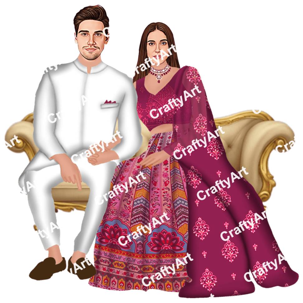 Gujarati Engagement Caricature in Classic Gujarati Outfit