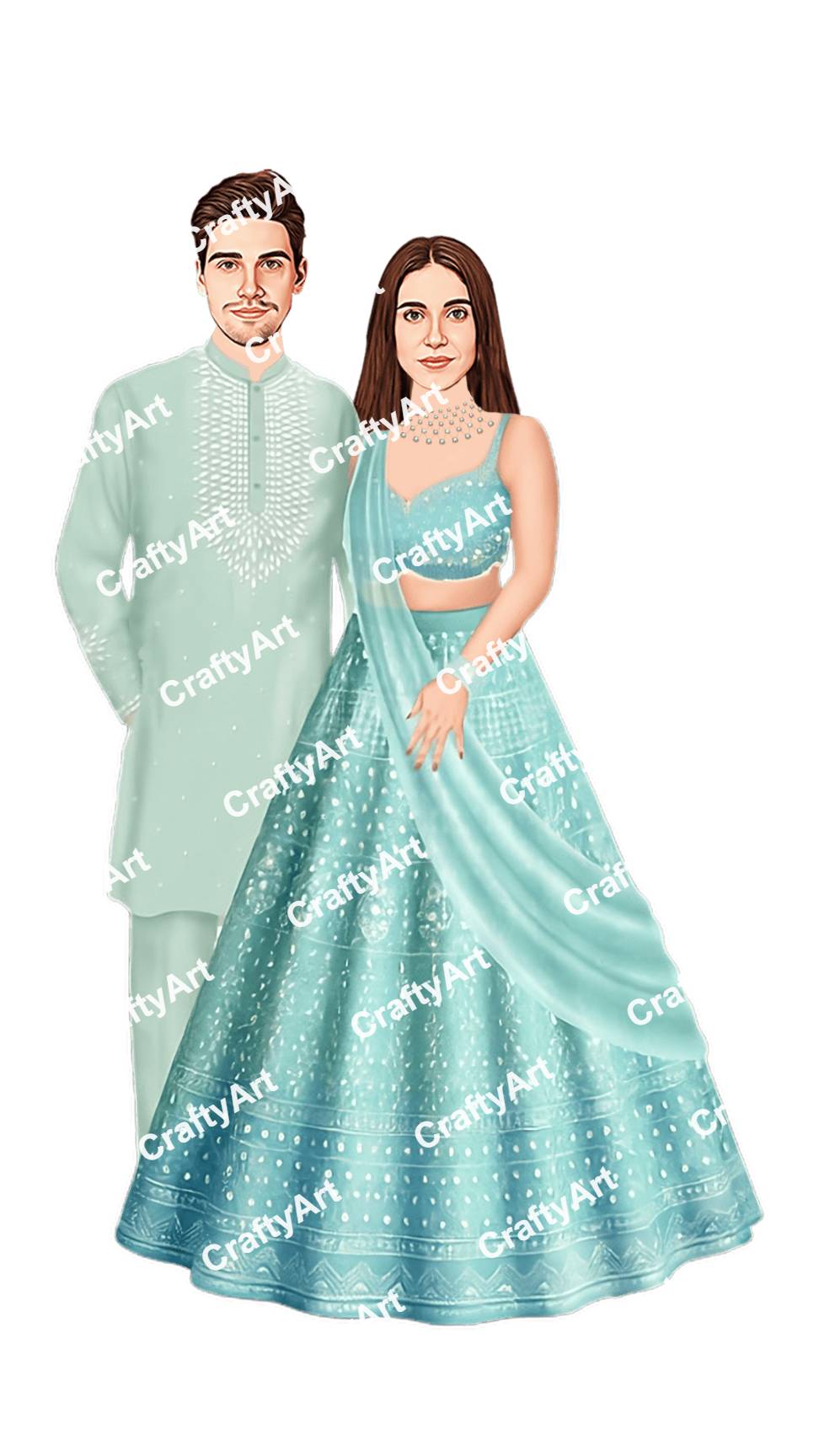 Stylish Mint Blue Engagement Couple Caricature Artwork