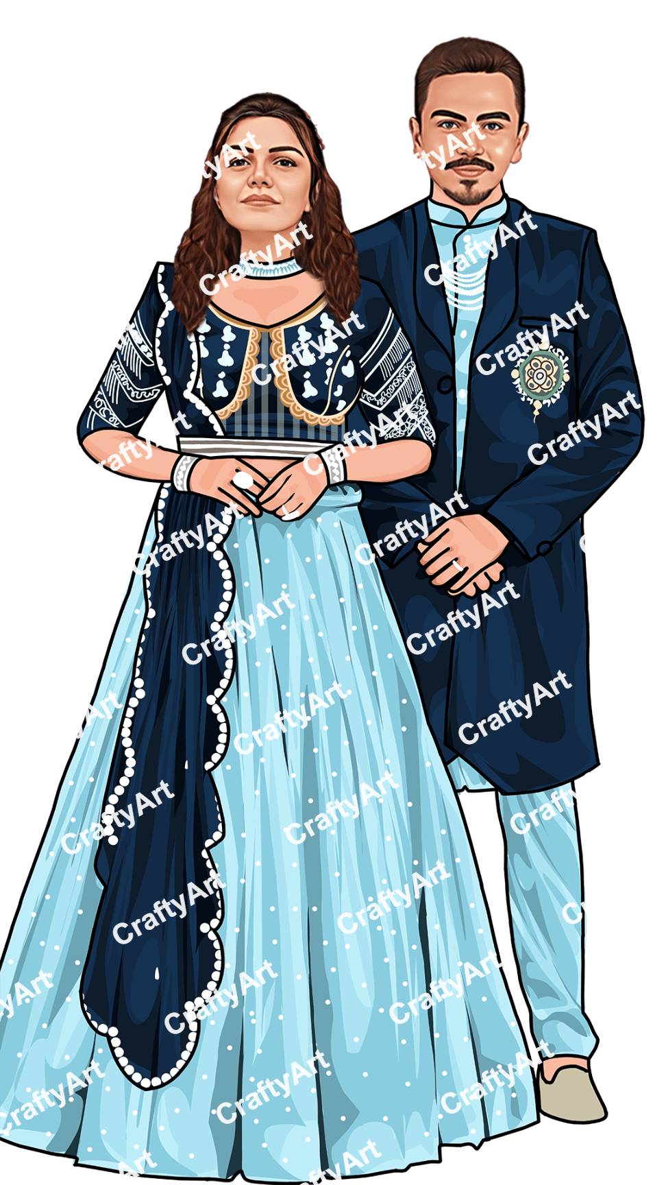 Illustrated of Couple in Blue Traditional Clothing