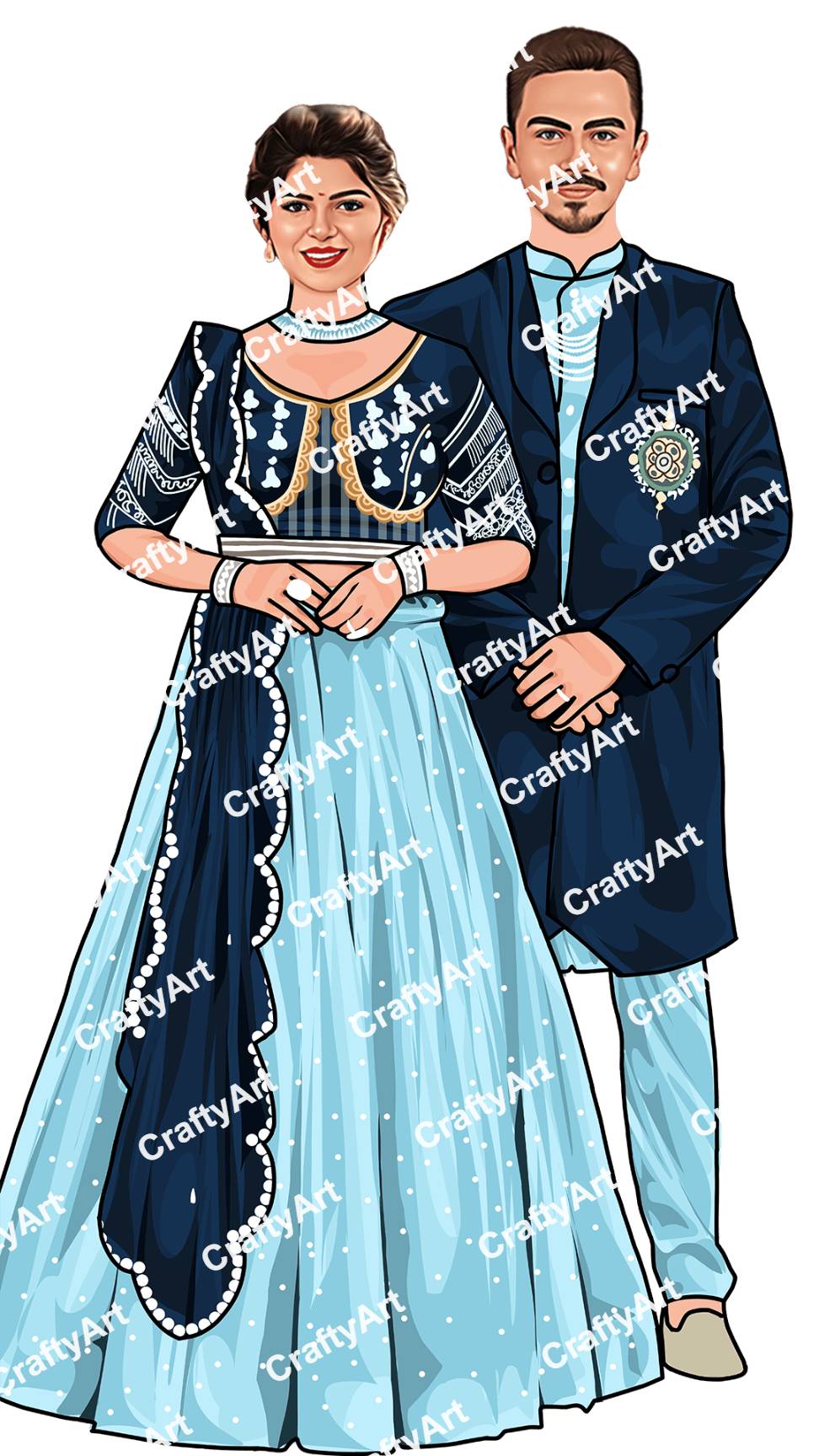 Illustrated of Couple in Blue Traditional Clothing