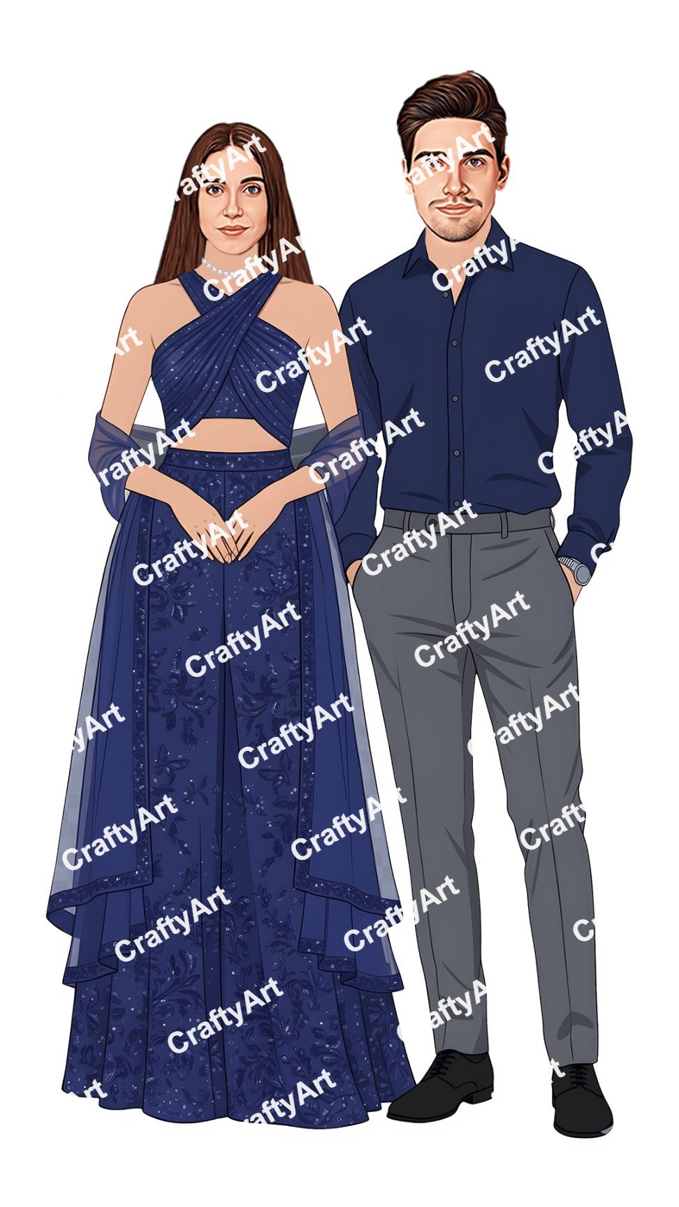 Engagement Couple Caricature in Navy Blue Style Look