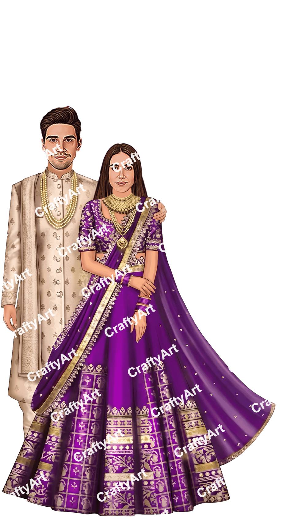 Purple Lehenga Wedding Caricature with Traditional Charm