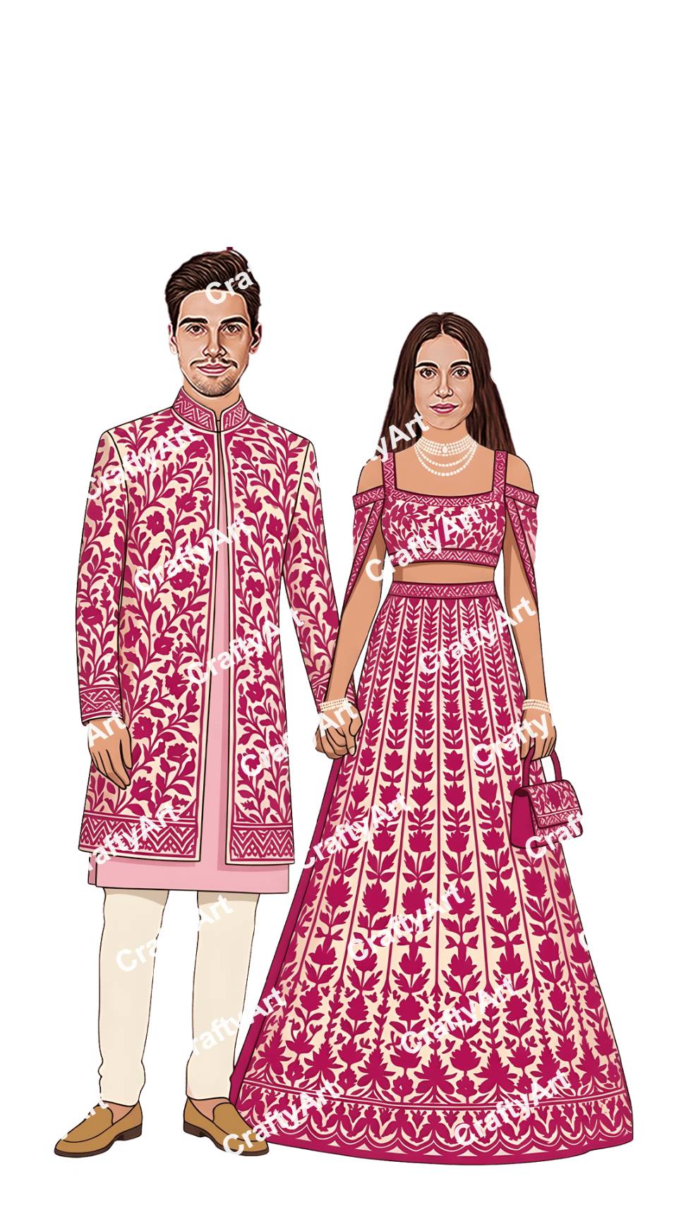 Matching Outfit Sangeet Caricature in Pink Style