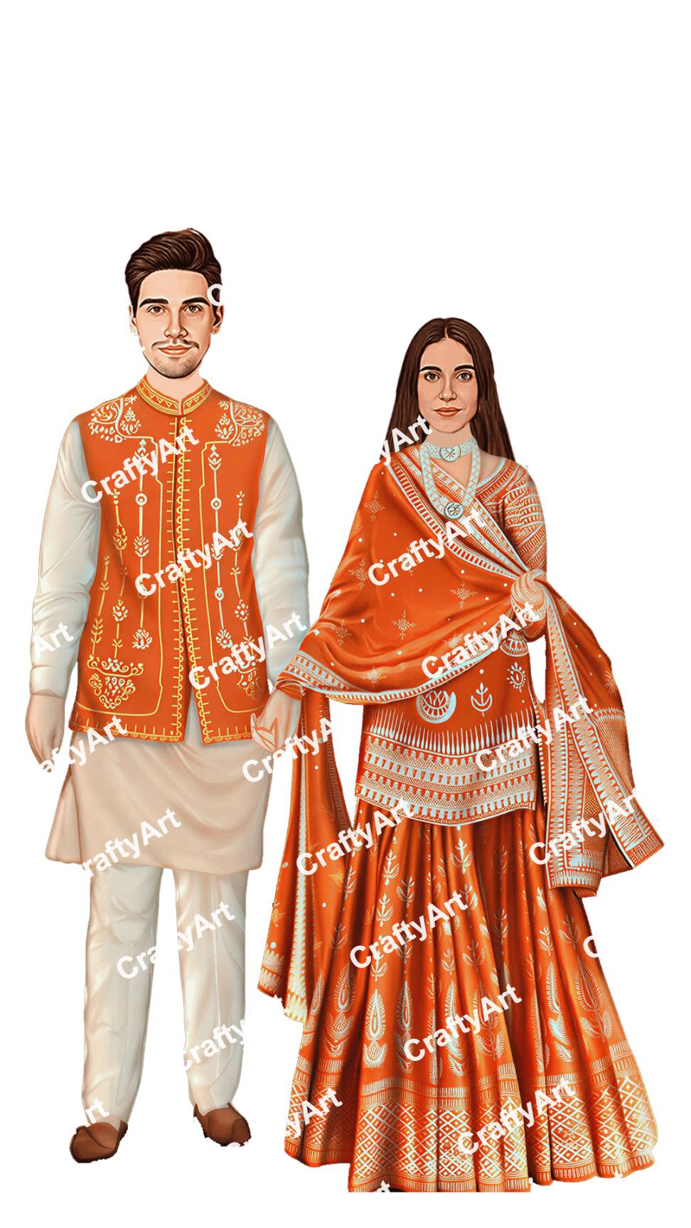 Sangeet Night Caricature Couple with Orange and White