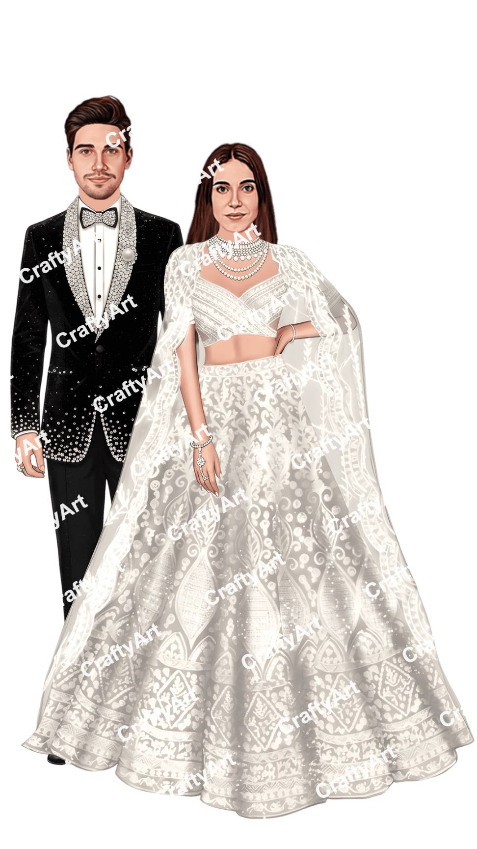 Classy White Outfit Engagement Caricature Design