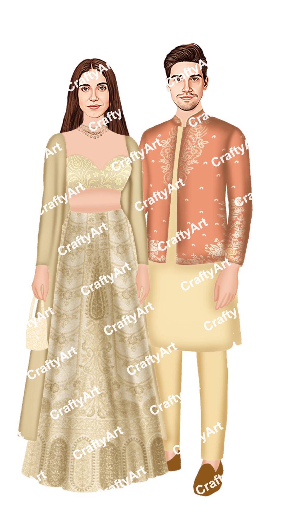 Couple Engagement Caricature with Elegant Lehenga