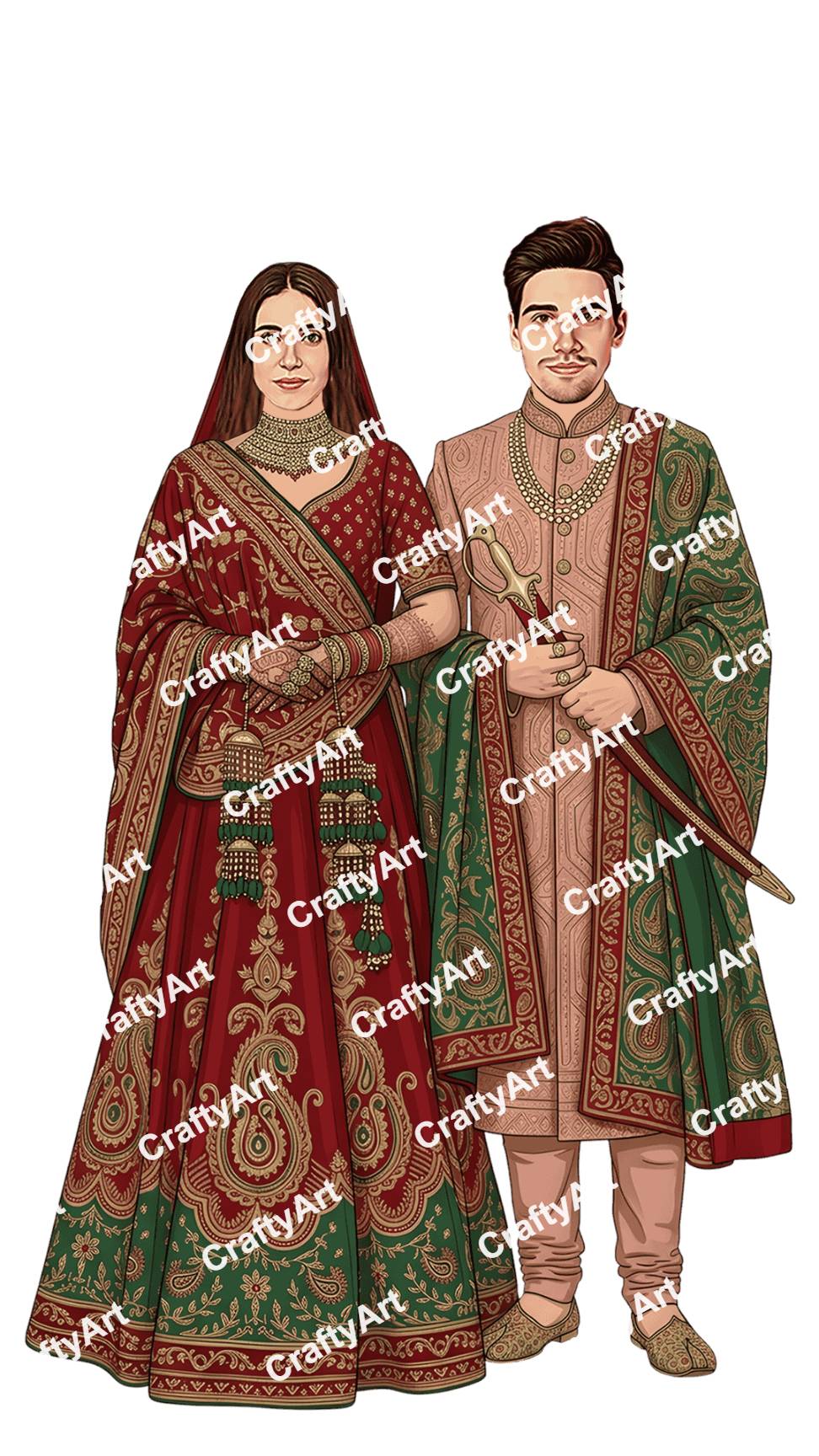 Royal Indian Wedding Couple Caricature in Regal Style