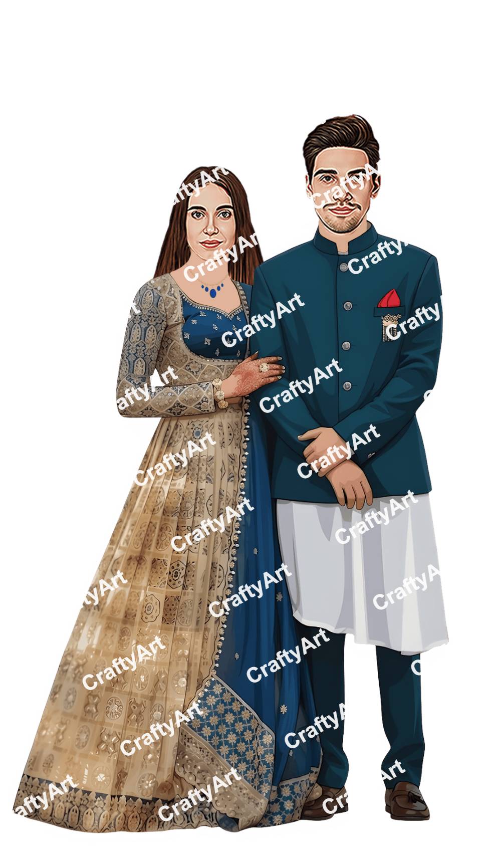 Reception Couple Caricature with Traditional Elegant Charm