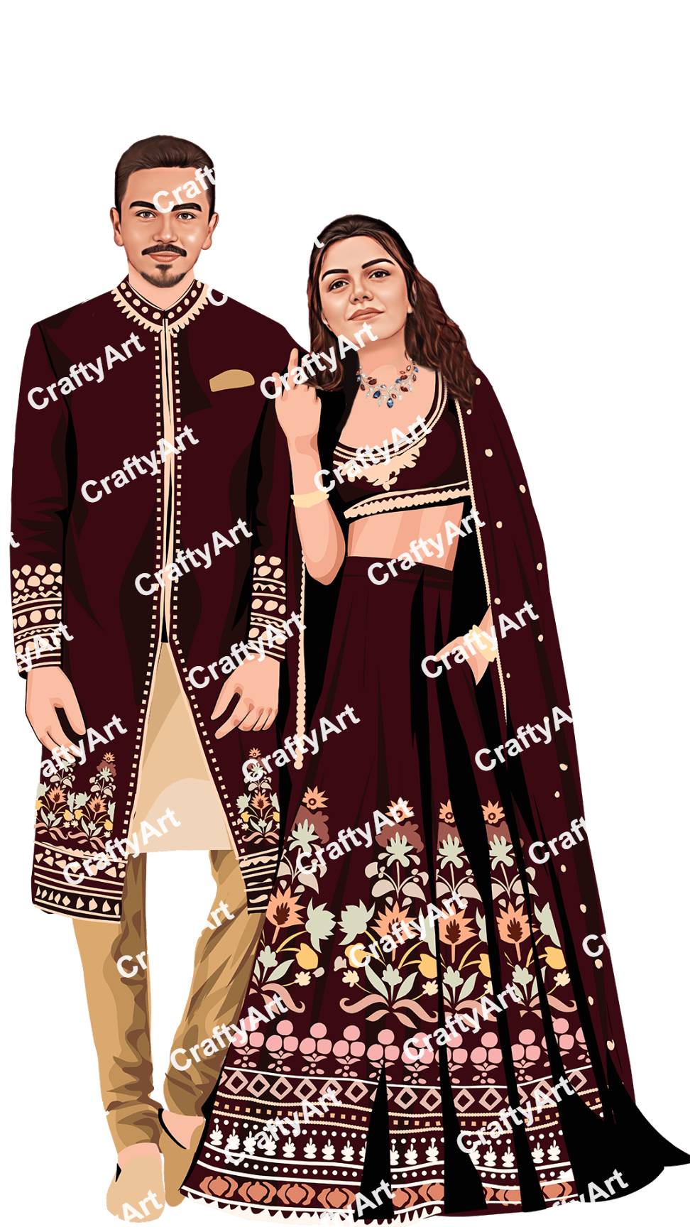 Bride and Groom Caricature for Wedding with Maroon Outfits