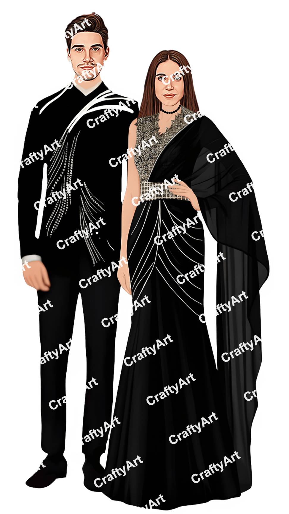 Party Couple Caricature Featuring Chic Party Outfit Design