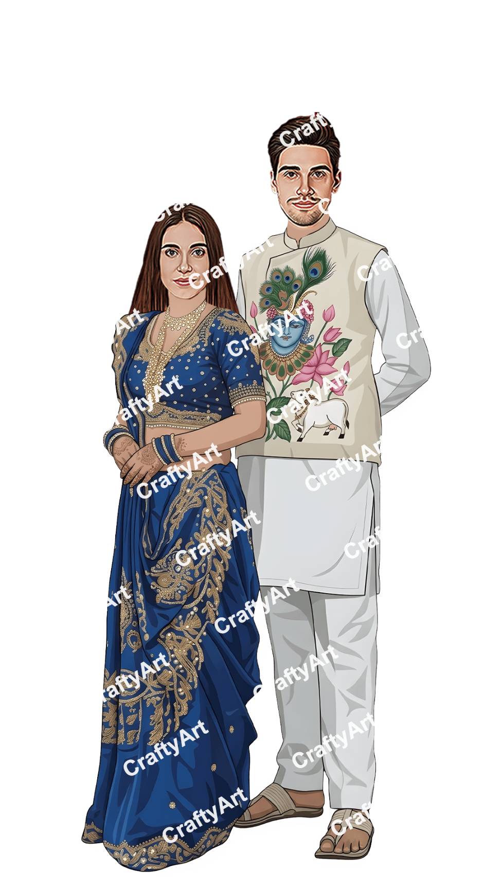 Royal Blue Saree Indian Wedding Caricature Design