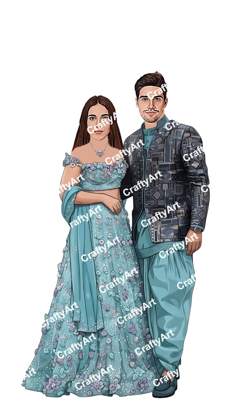 Modern Blue Indo Western Sangeet Caricature Design