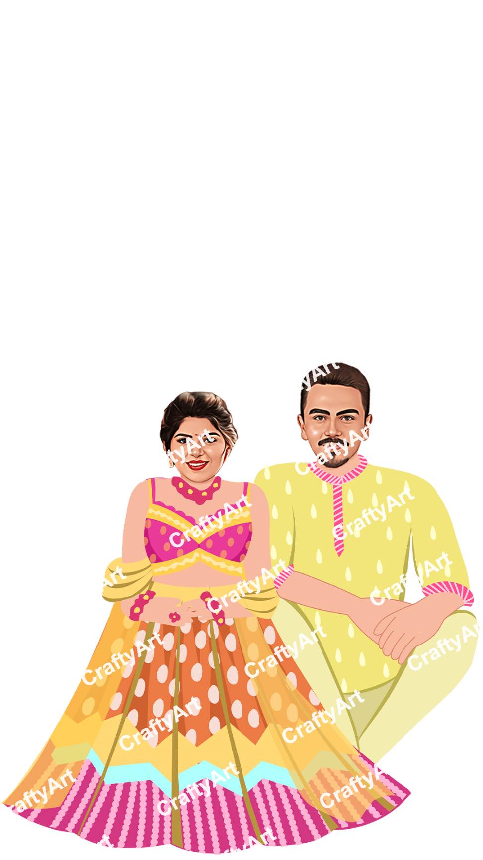 Caricature Of Bride And Groom Sitting For Haldi Ceremony