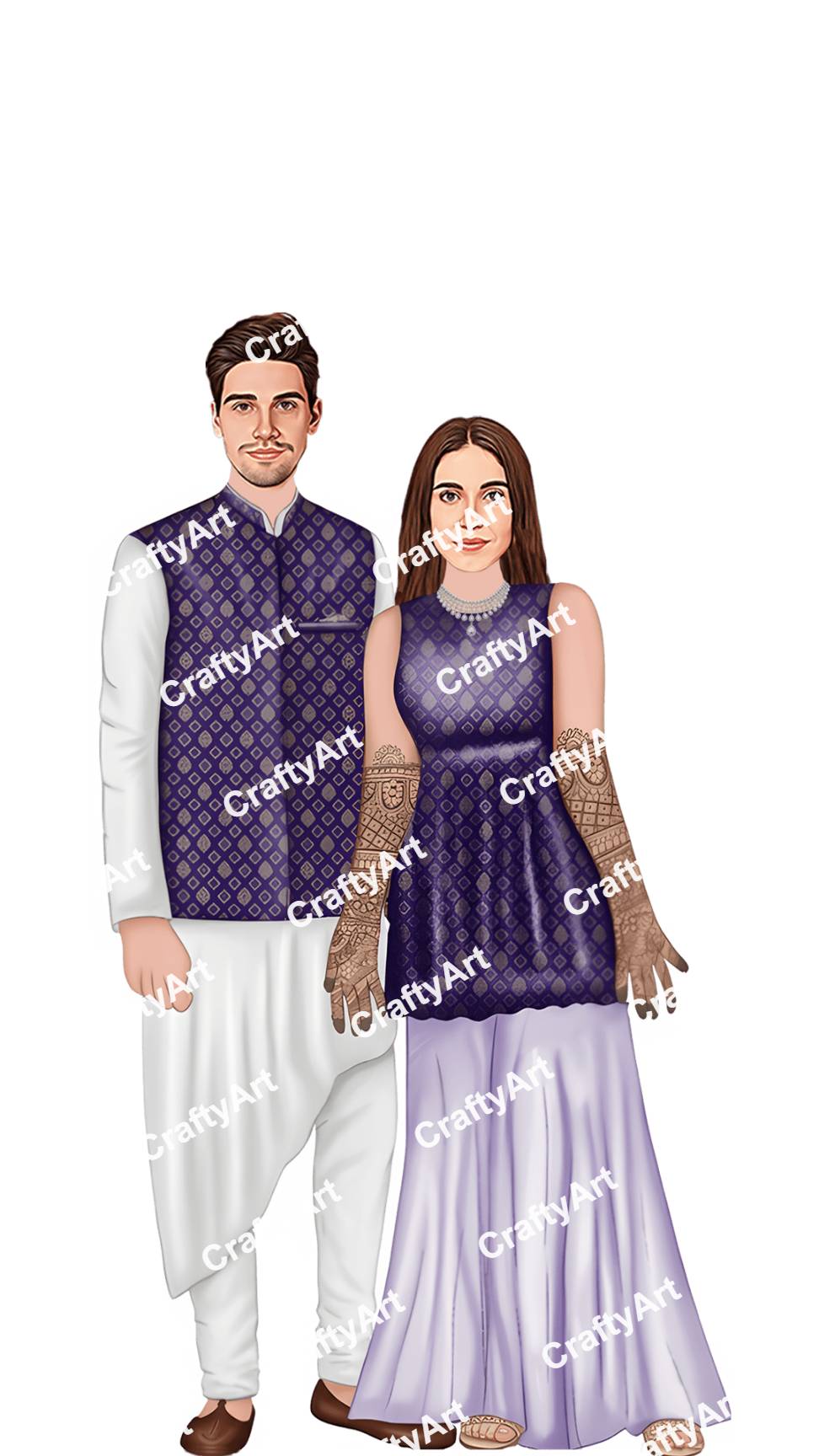 Mehendi Caricature with Bride and Groom Matching Outfits