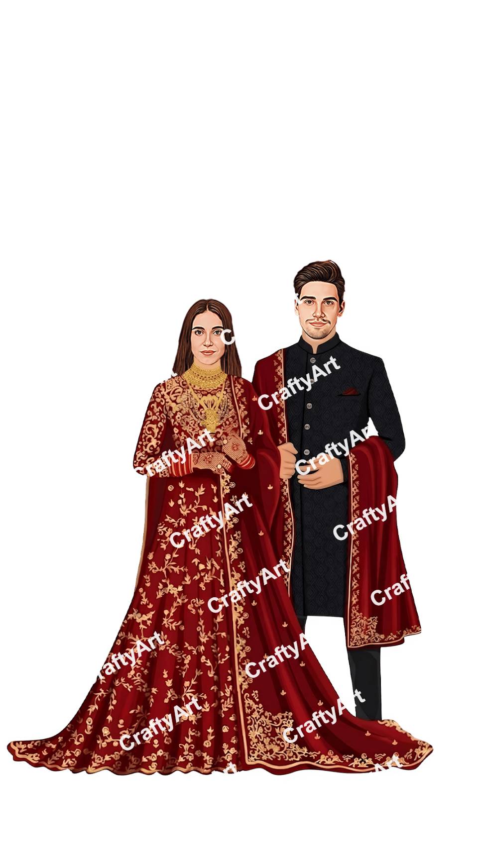 Indian Wedding Couple Caricature with Rich Cultural Design