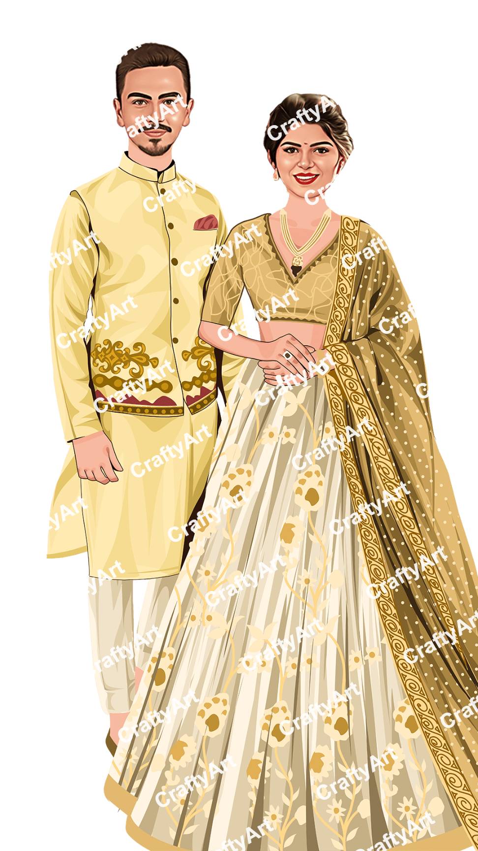 Couple Caricature For Haldi Ceremony In Yellow Outfit