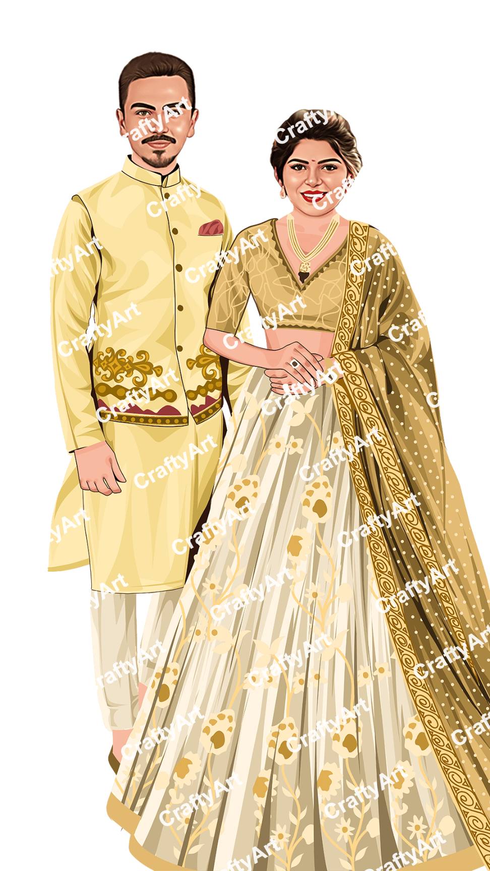 Couple Caricature For Haldi Ceremony In Yellow Outfit