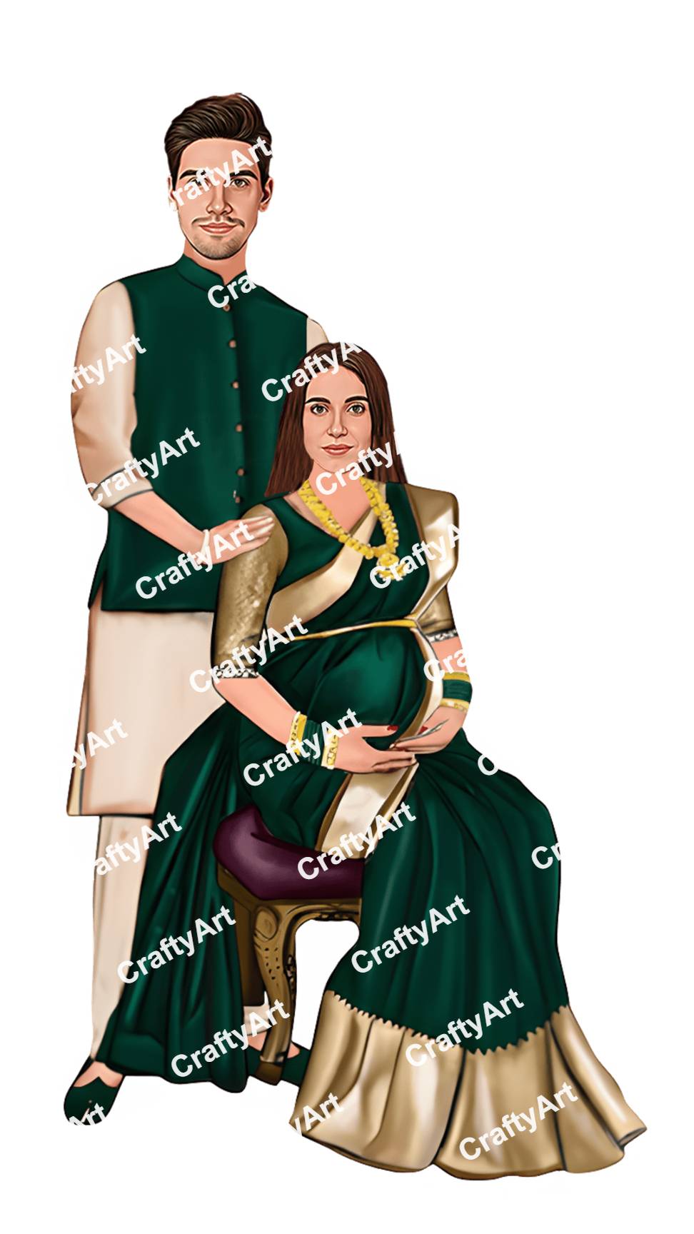 Couple Baby Shower Caricature in Green Kurta and Bandi Sadri