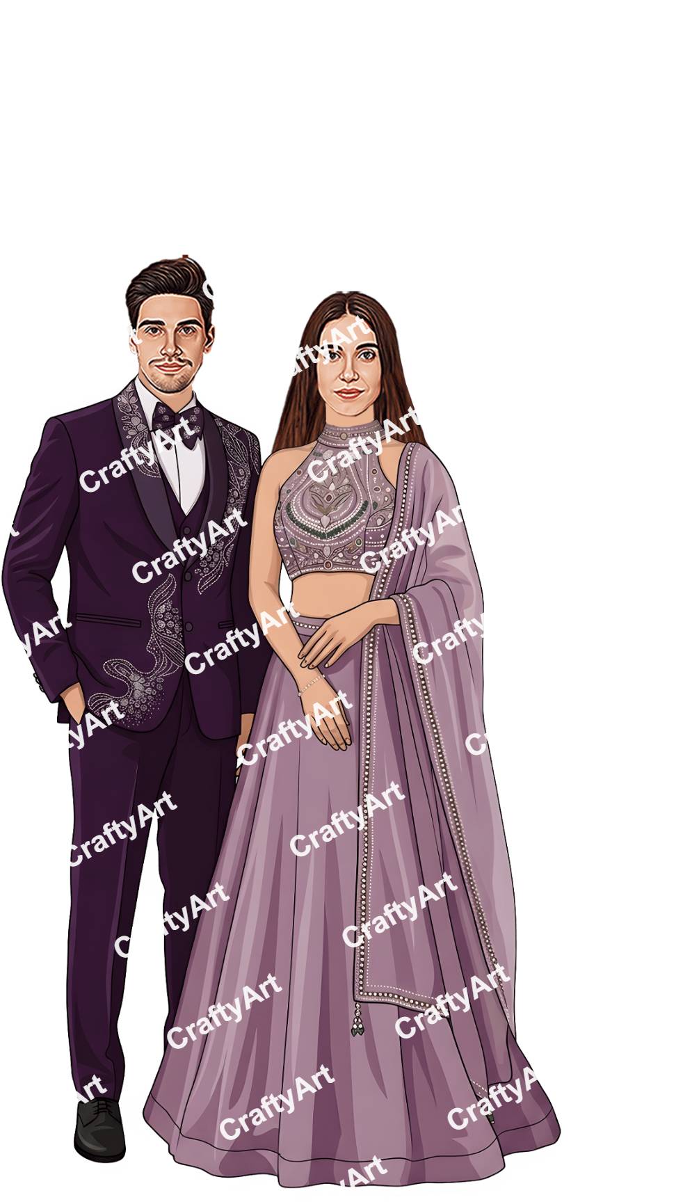 Elegant Couple Engagement Illustration in Purple Wear