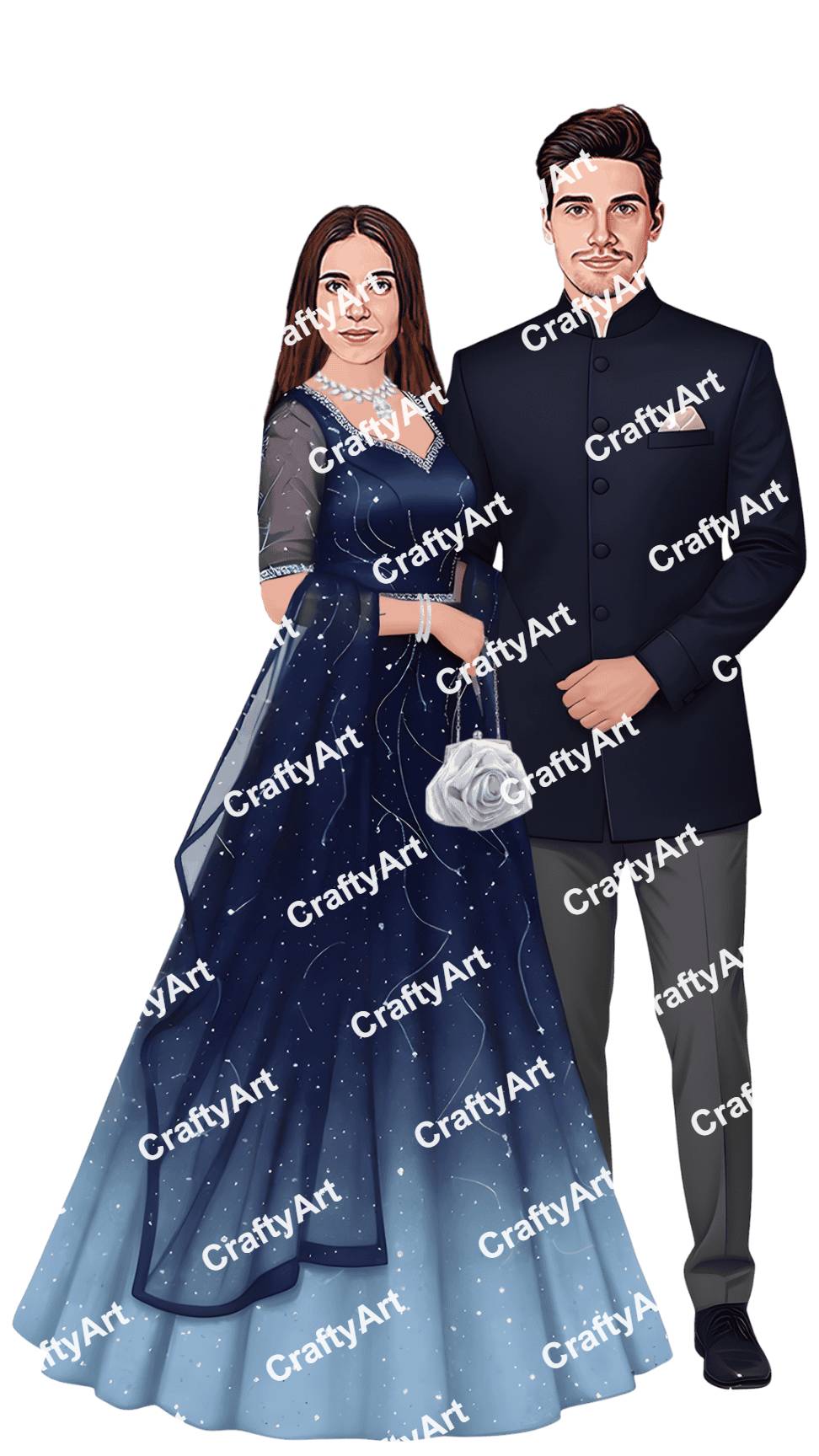 Romantic Engagement Caricature in Soft Blue Theme