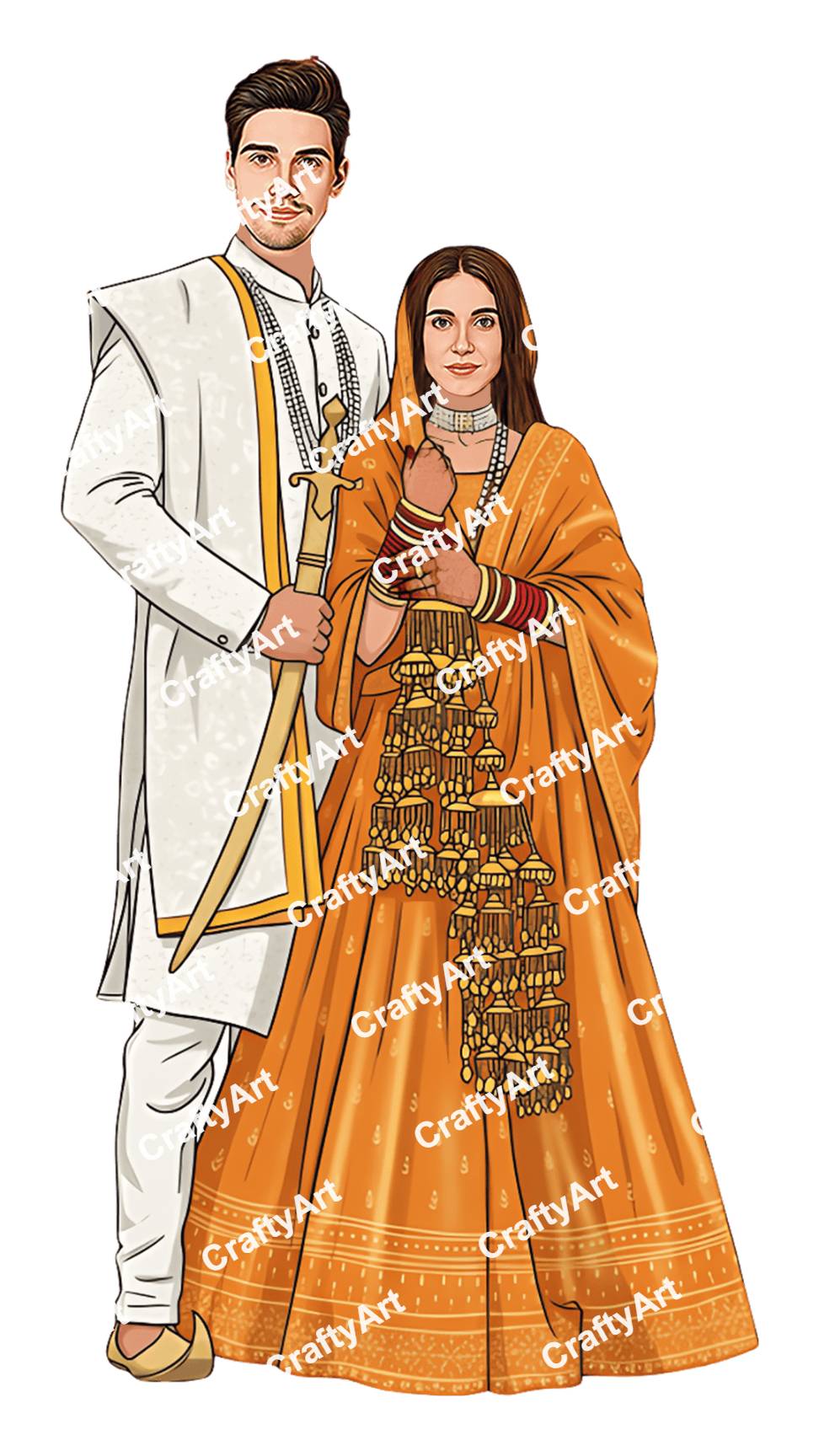 Punjabi Wedding Couple Caricature with Classic Punjabi Style