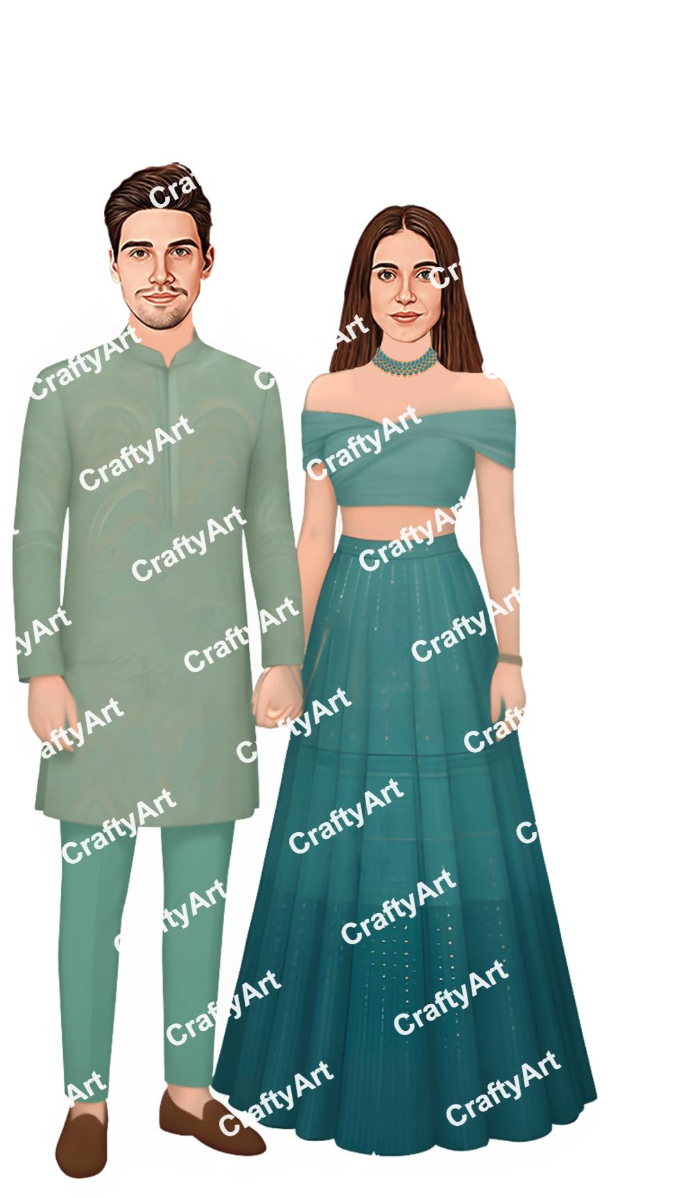 Sangeet Bride and Groom Caricature with Green Matching Dress