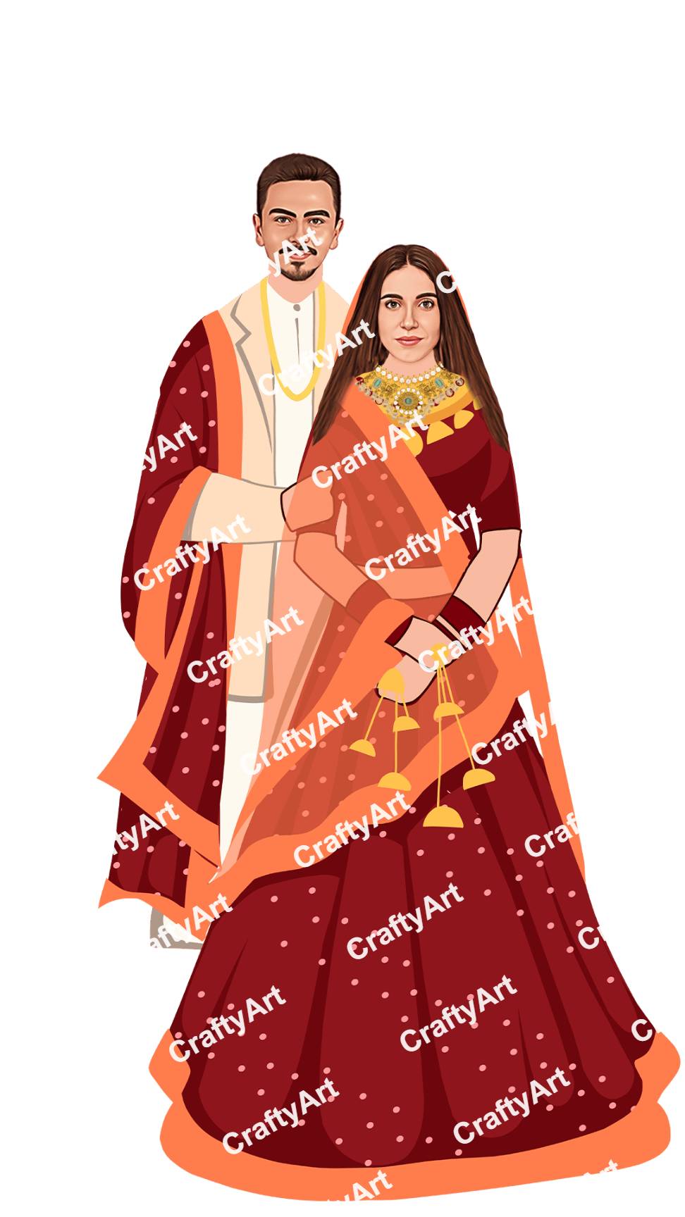 Caricature of Couple in Red and Maroon Bridal and Groom Wear