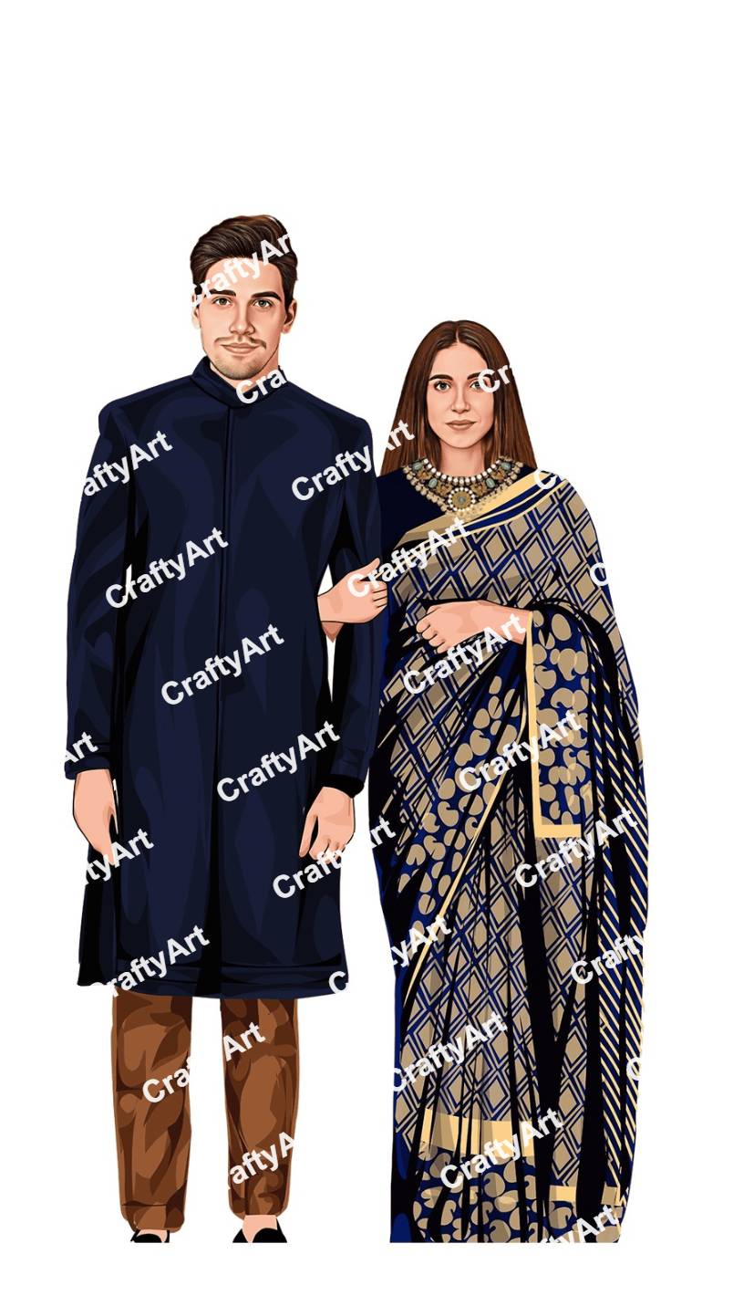 Couple Caricature in Blue Kurta and Saree for Jal Ceremony
